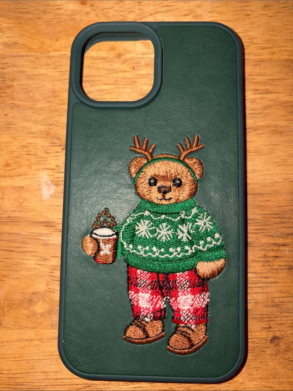 T.J.Maxx Green Bear Holiday Phone Case with Festive Embroidered Bear